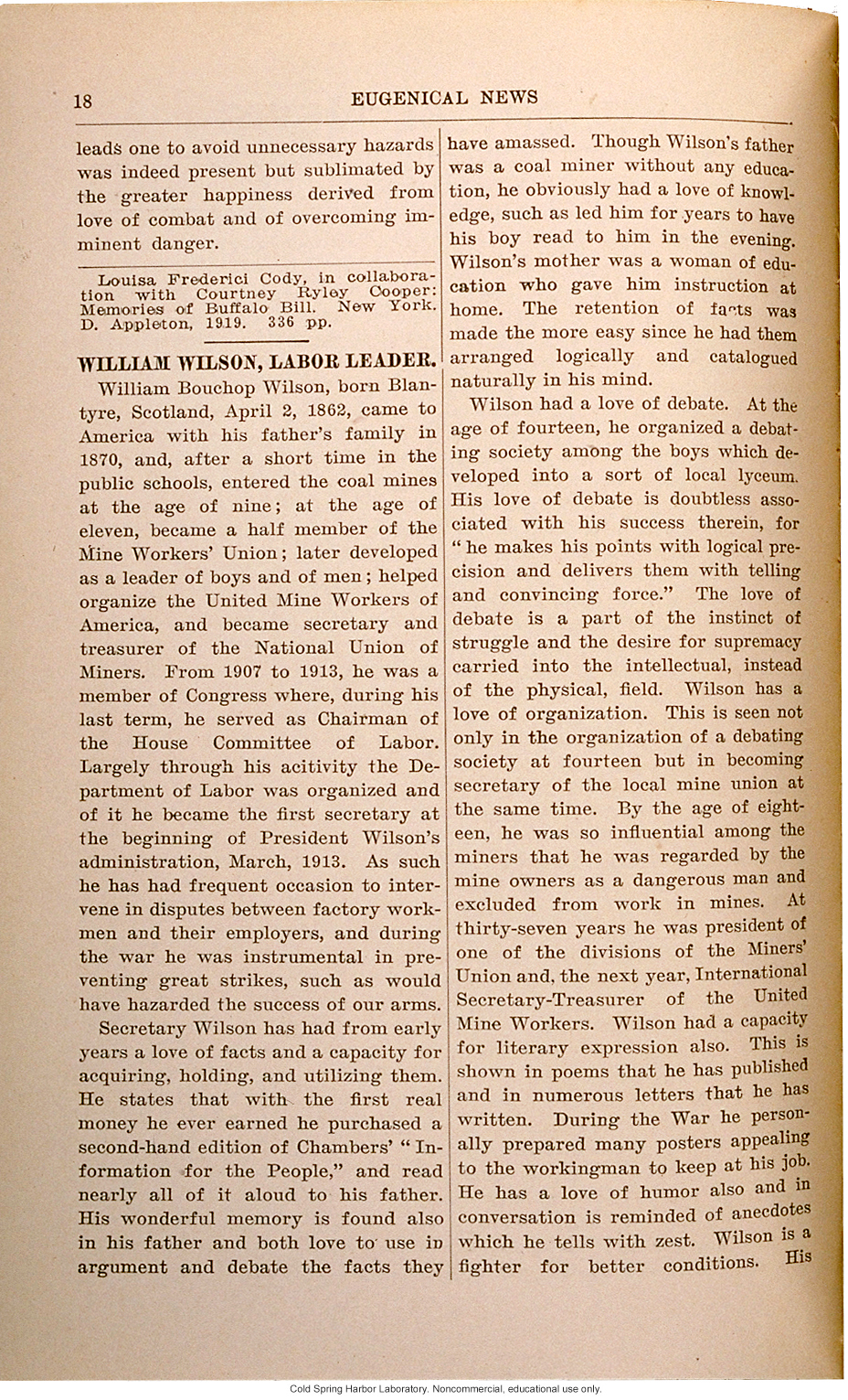 &quote;Traits of Buffalo Bill,&quote; Eugenical News (vol. 5:3)