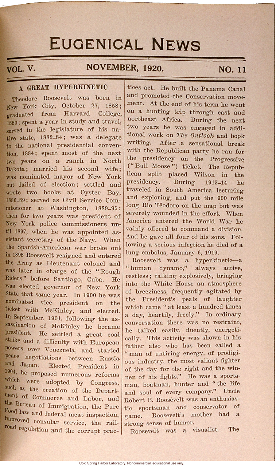 &quote;A Great Hyperkinetic,&quote; Eugenical News (vol. 5:11), biography of Theodore Roosevelt including reference to his political relatives