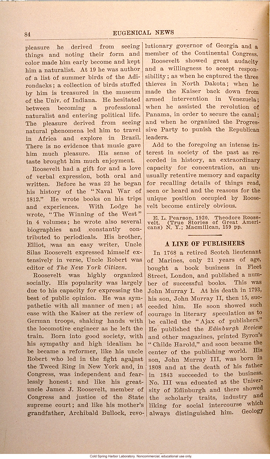 &quote;A Great Hyperkinetic,&quote; Eugenical News (vol. 5:11), biography of Theodore Roosevelt including reference to his political relatives