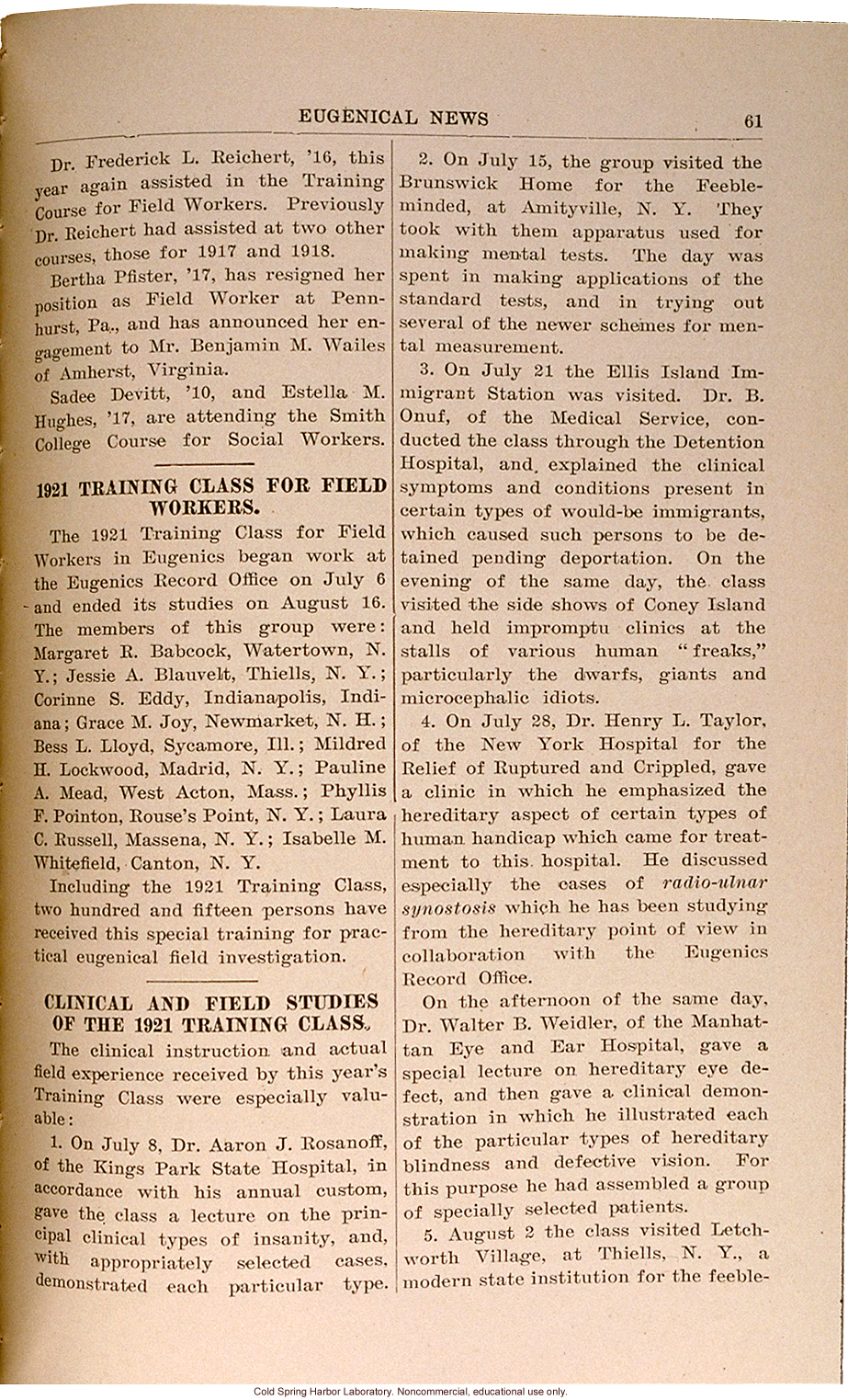 &quote;Clinical and Field Studies of the 1921 Training Class,&quote; Eugenics Record Office,  Eugenical News (vol. 6)