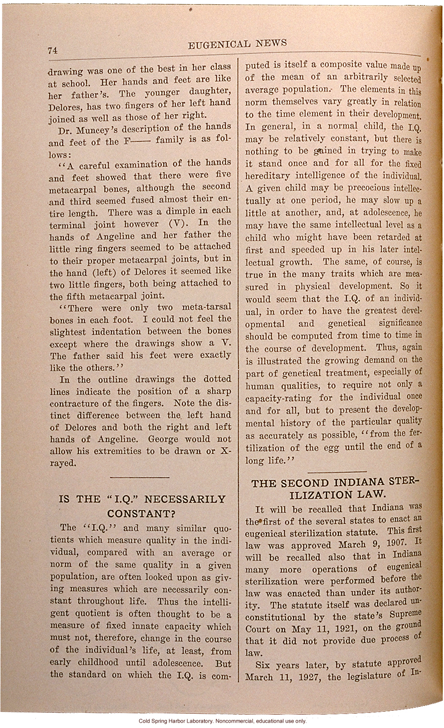 &quote;Syndactyly in the F__ Family,&quote; Eugenical News (vol. 15), fused fingers or toes -- later shown to be an autosomal dominant trait