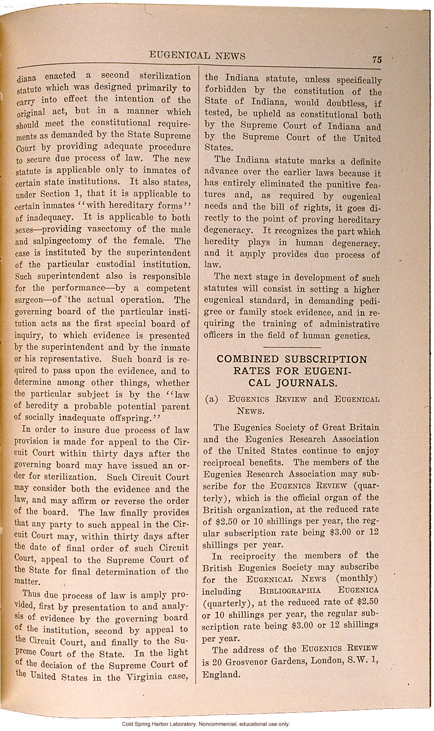 &quote;The Second Indiana Sterilization Law,&quote; Eugenical News (vol. 15)