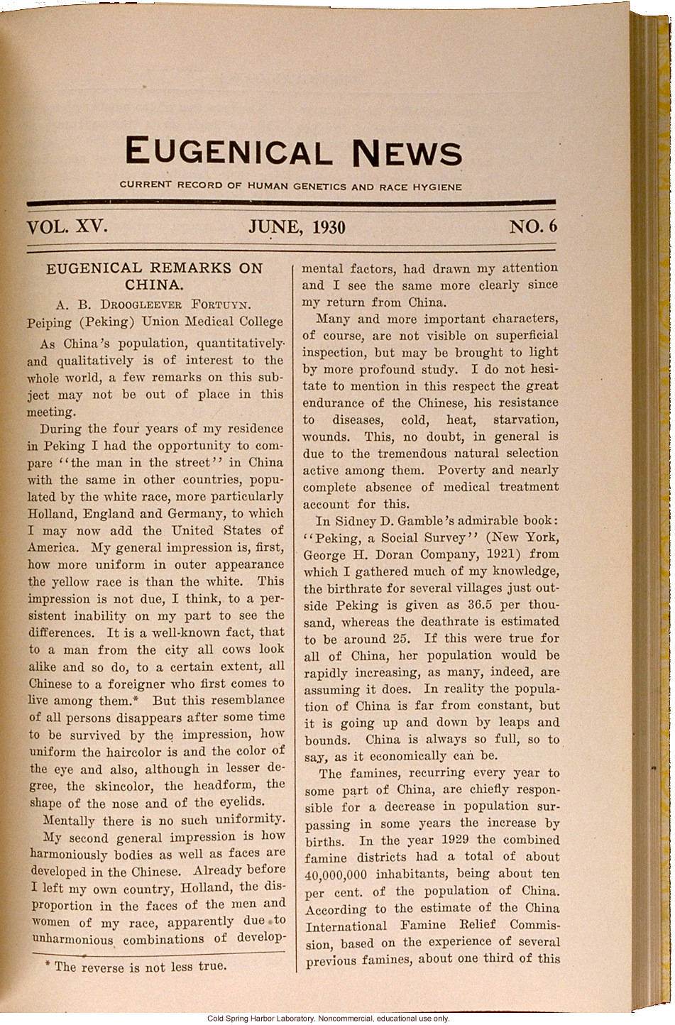 &quote;Eugenical Remarks on China,&quote; by A.B. Droogleever Fortuyn, Eugenical News (vol. 15:6)