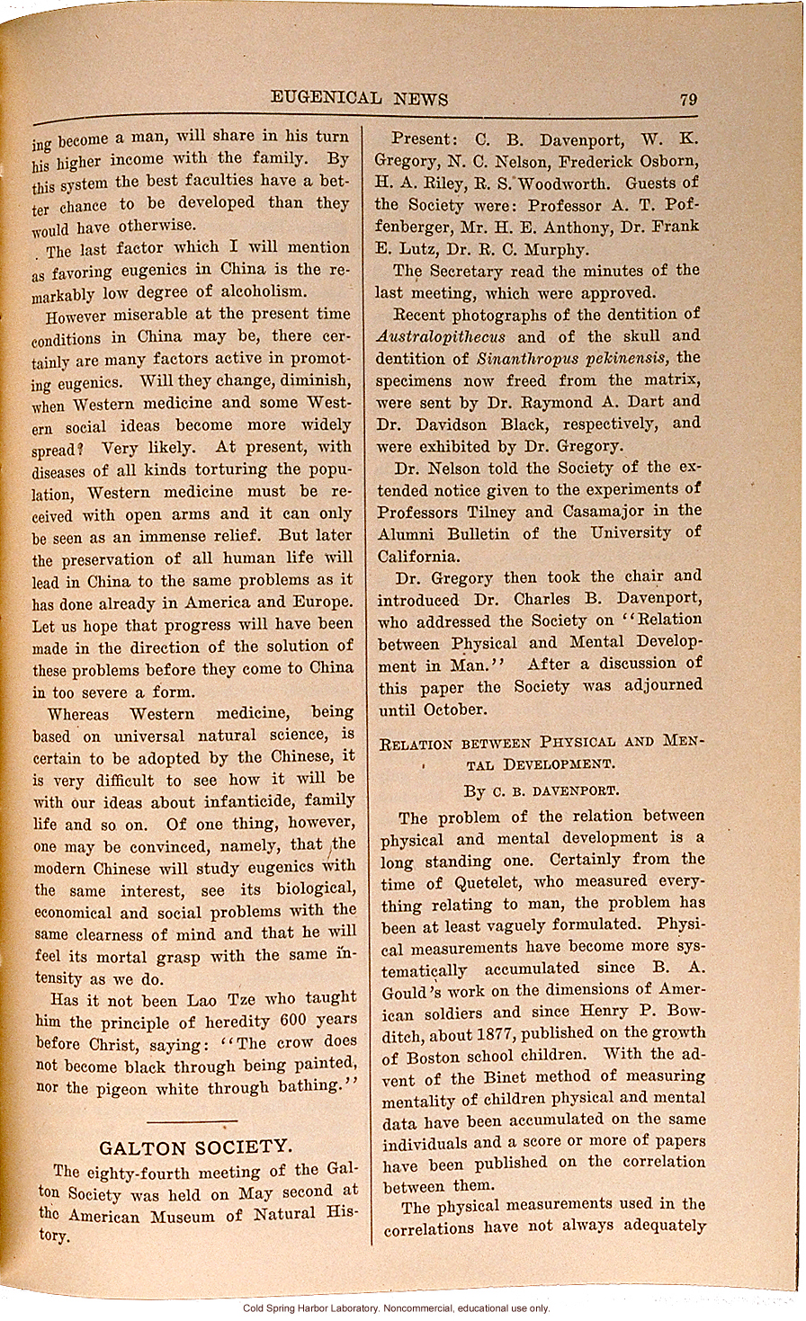 &quote;Eugenical Remarks on China,&quote; by A.B. Droogleever Fortuyn, Eugenical News (vol. 15:6)