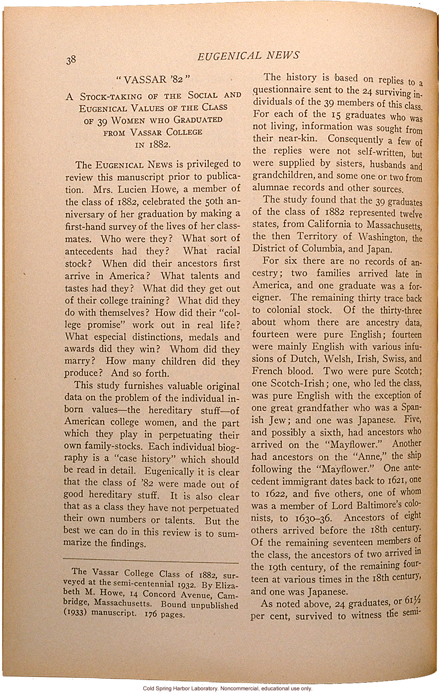 &quote;Vassar '82,&quote; Eugenical News (vol.18), ancestry and achievements of Vassar graduates from a survey by Mrs. Lucien Howe