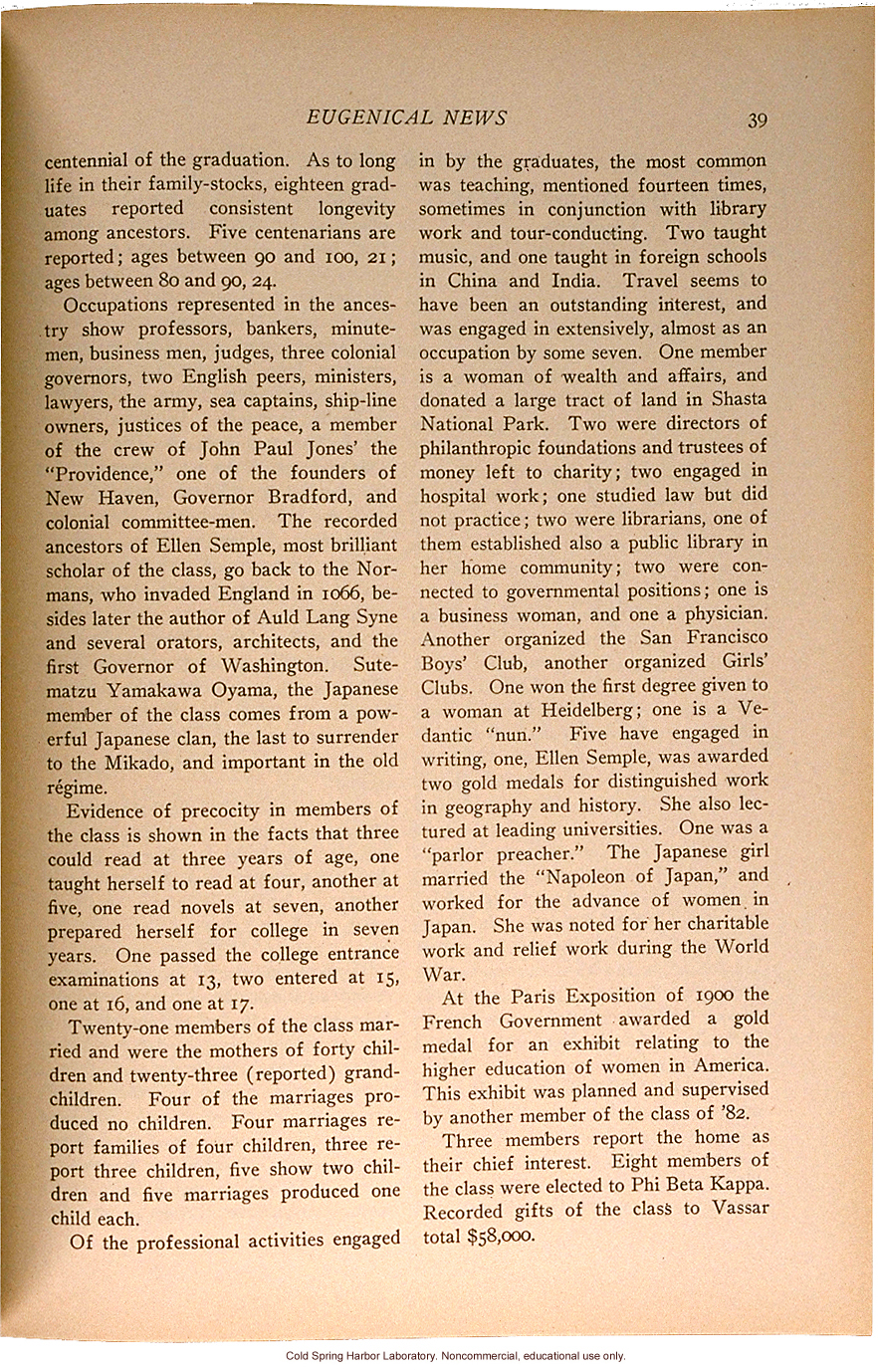 &quote;Vassar '82,&quote; Eugenical News (vol.18), ancestry and achievements of Vassar graduates from a survey by Mrs. Lucien Howe