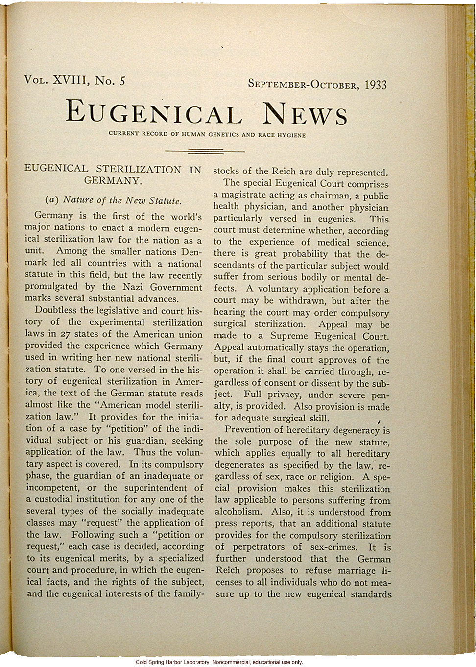 &quote;Eugenical Sterilization in Germany,&quote; Eugenical News (vol. 18:5), commentary and full translation of the German sterilization statute of 1933