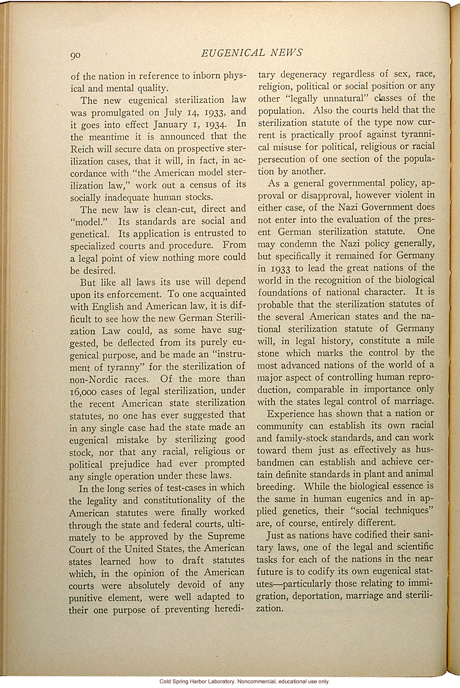 &quote;Eugenical Sterilization in Germany,&quote; Eugenical News (vol. 18:5), commentary and full translation of the German sterilization statute of 1933