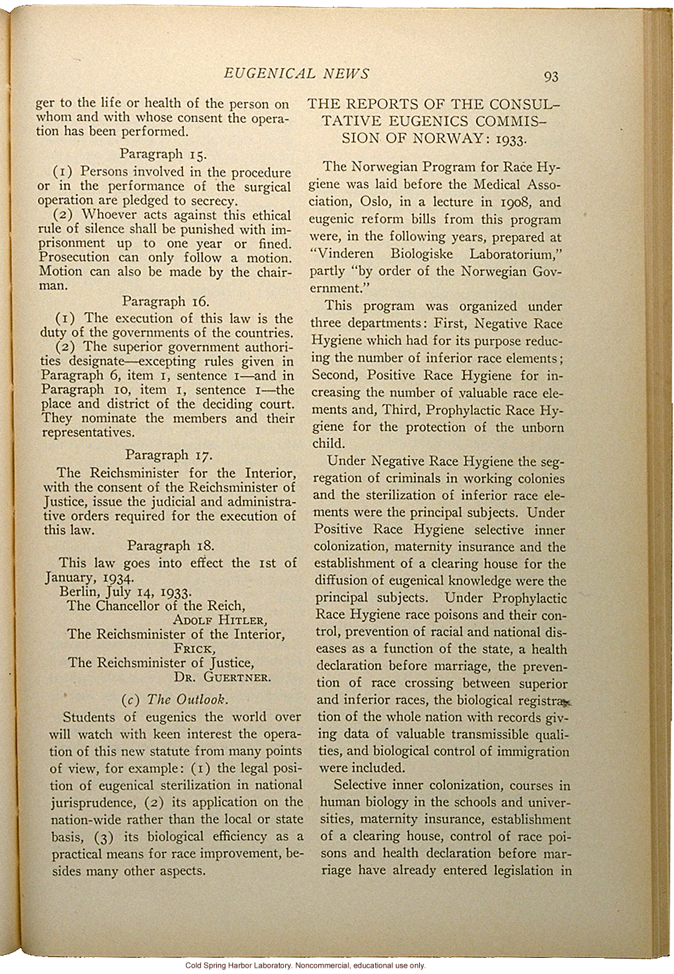 &quote;Eugenical Sterilization in Germany,&quote; Eugenical News (vol. 18:5), commentary and full translation of the German sterilization statute of 1933