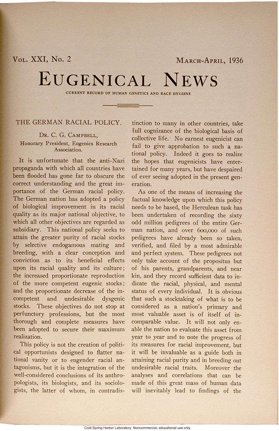 &quote;The German Racial Policy,&quote; by C.G. Campbell, Eugenical News (vol.21:2)