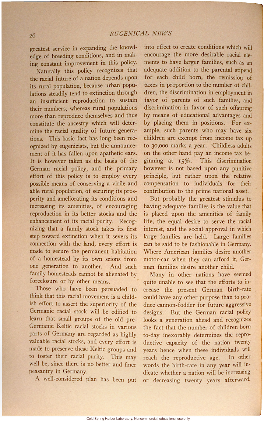 &quote;The German Racial Policy,&quote; by C.G. Campbell, Eugenical News (vol.21:2)