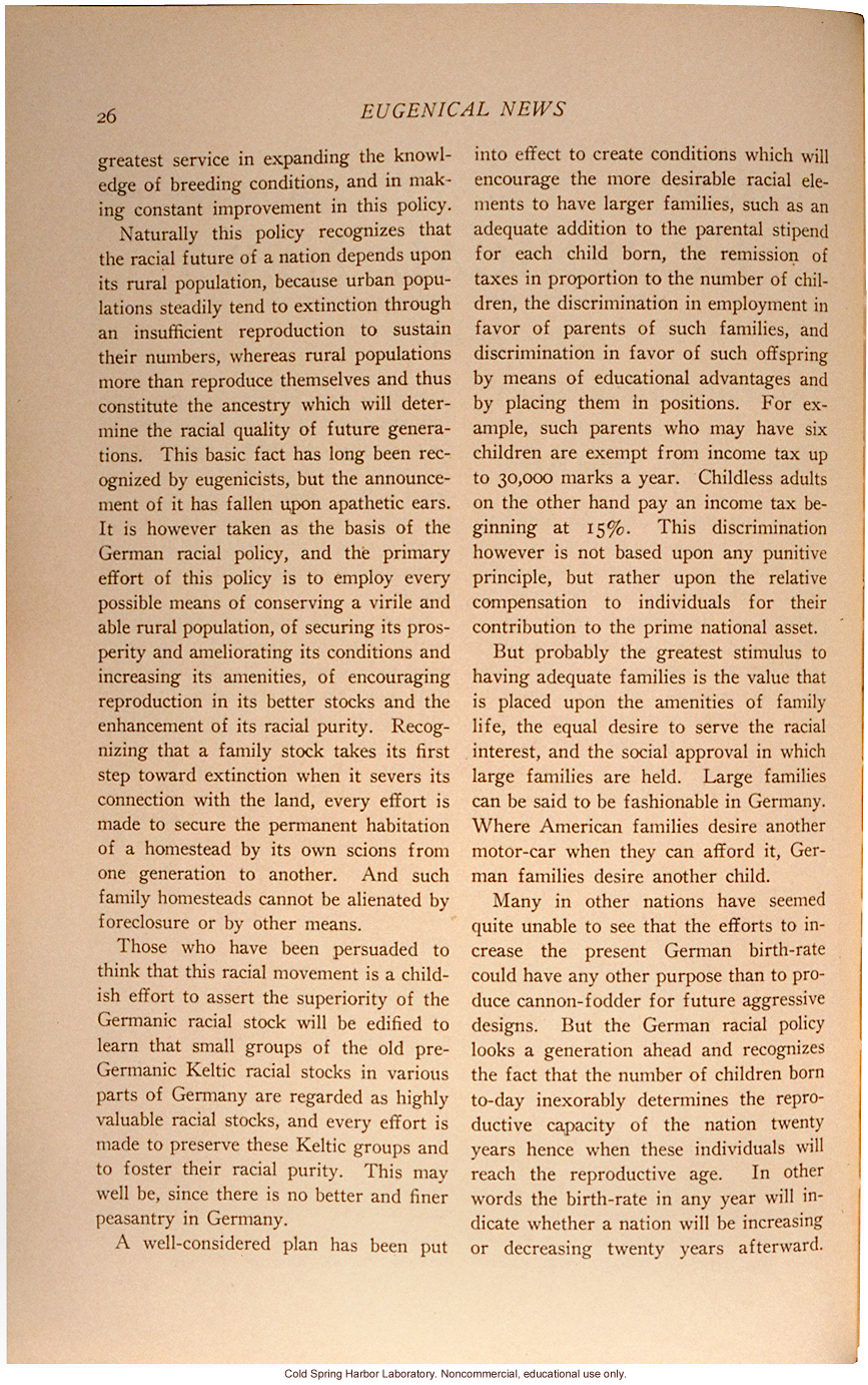 &quote;The German Racial Policy,&quote; by C.G. Campbell, Eugenical News (vol.21:2)