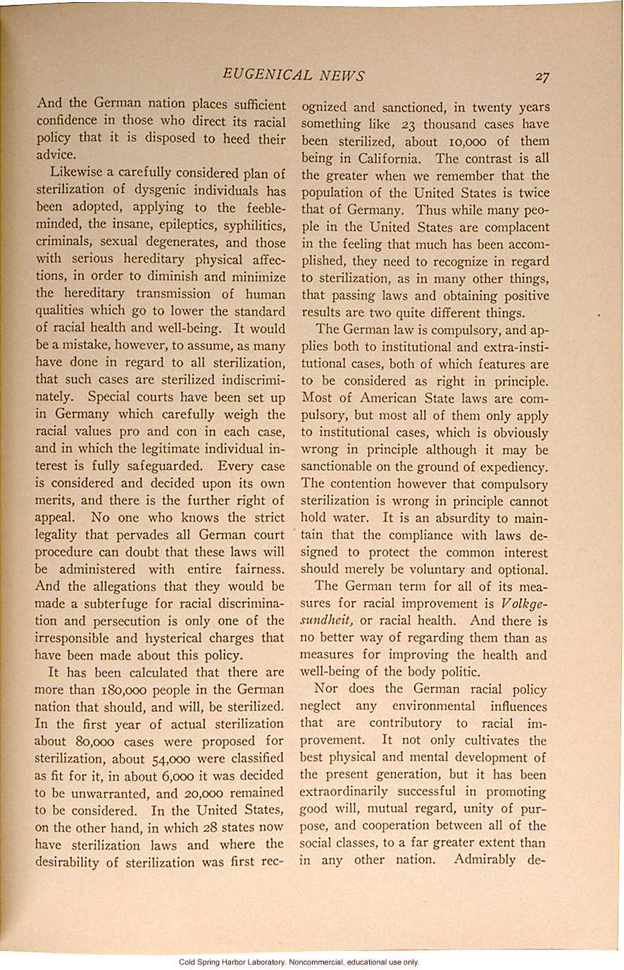 &quote;The German Racial Policy,&quote; by C.G. Campbell, Eugenical News (vol.21:2)