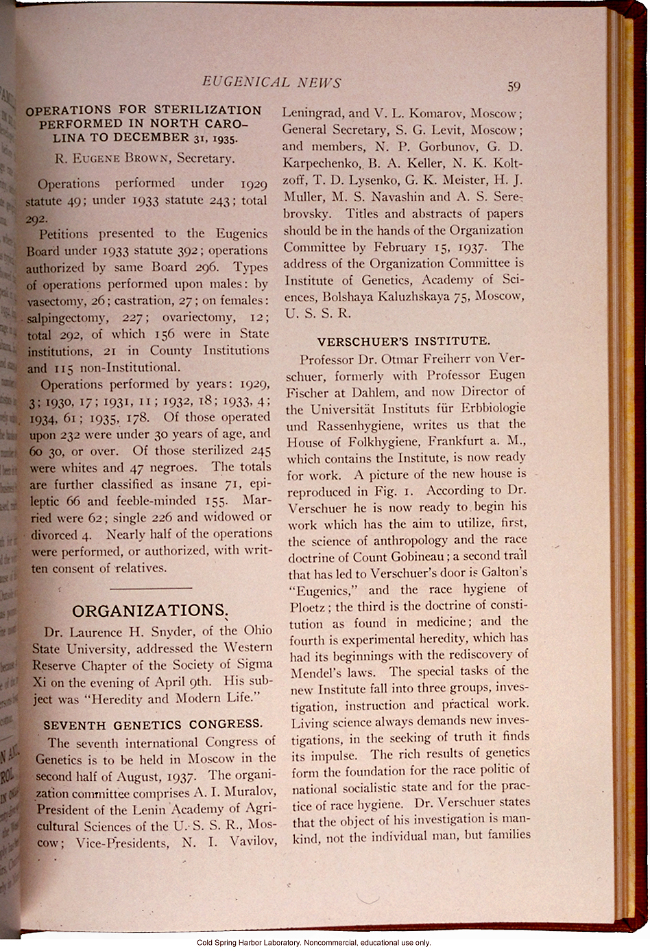 &quote;Verschuer's Institute,&quote; Eugenical News (vol. 21), Otmar von Verscheur's move to the House of Folkhygiene in Frankfurt, Germany