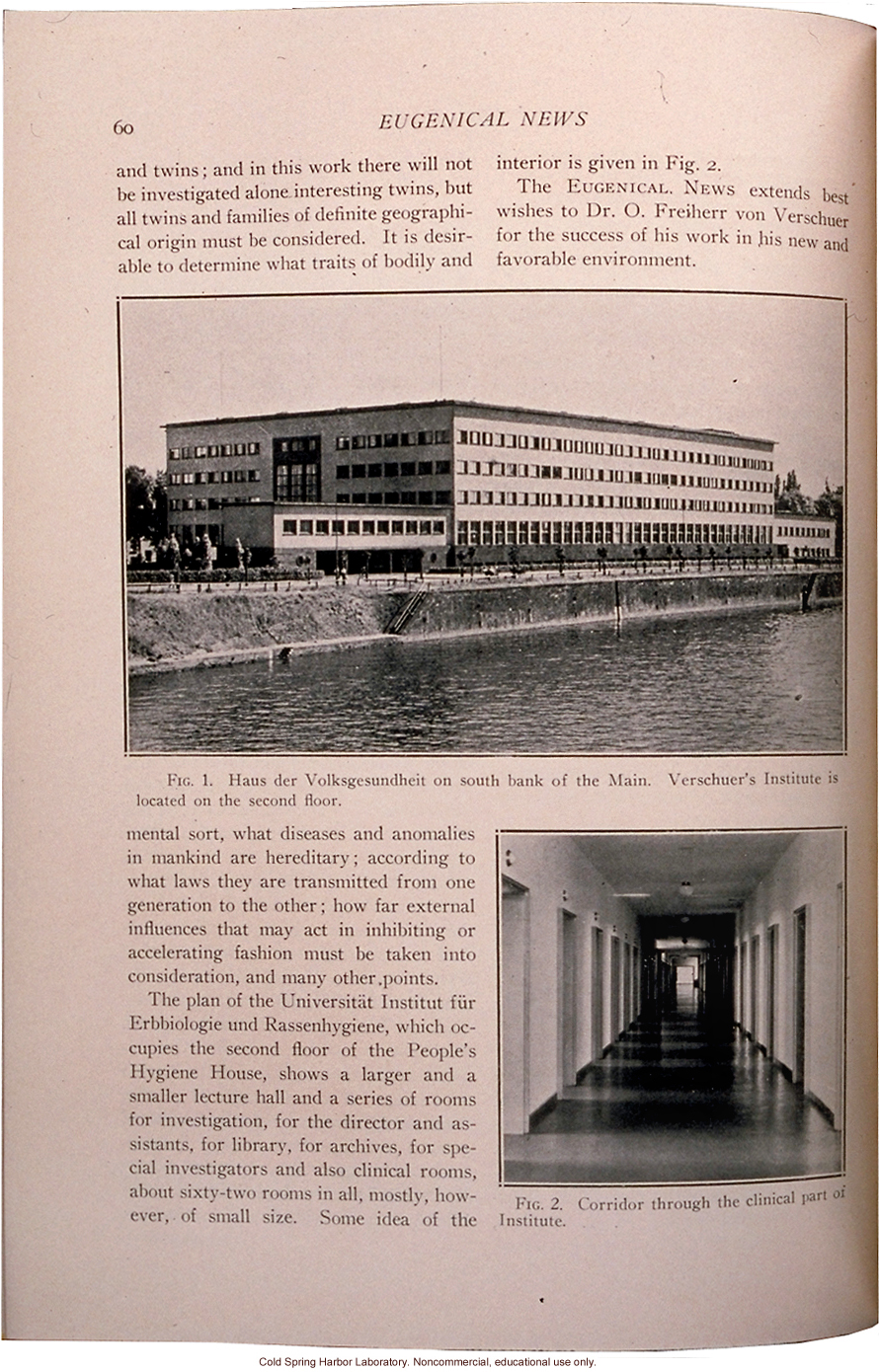 &quote;Verschuer's Institute,&quote; Eugenical News (vol. 21), Otmar von Verscheur's move to the House of Folkhygiene in Frankfurt, Germany