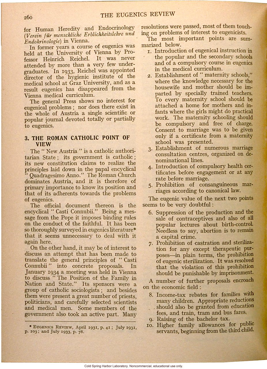 &quote;Eugenics in Austria,&quote; Eugenics Review (vol. 26:4), highlighting the moderating influence of Catholicism on eugenic programs