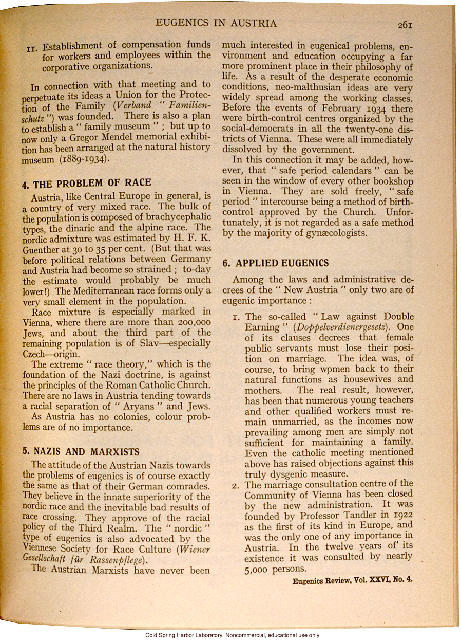 &quote;Eugenics in Austria,&quote; Eugenics Review (vol. 26:4), highlighting the moderating influence of Catholicism on eugenic programs