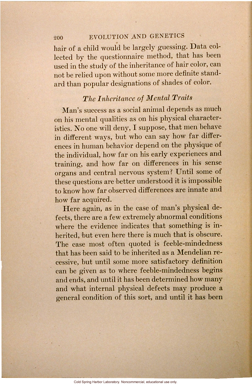 &quote;The Inheritance of Mental Traits,&quote; from Evolution and Genetics, by Thomas H. Morgan, an early criticism of eugenics in an important text