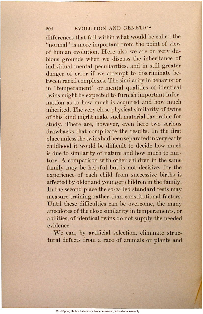 &quote;The Inheritance of Mental Traits,&quote; from Evolution and Genetics, by Thomas H. Morgan, an early criticism of eugenics in an important text