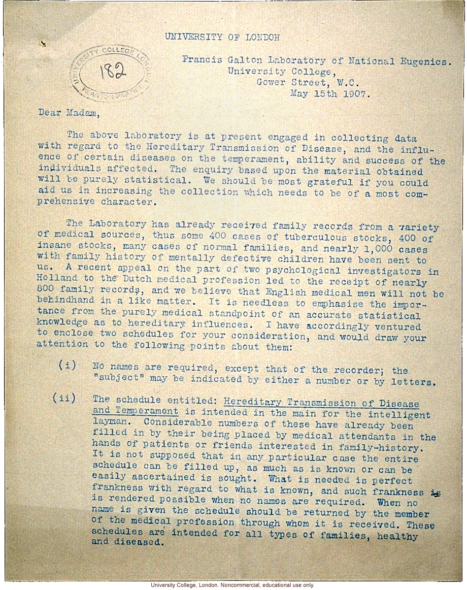 K. Pearson cover letter for study on &quote;Hereditary Transmission of Disease and Temperment&quote; (version 1)