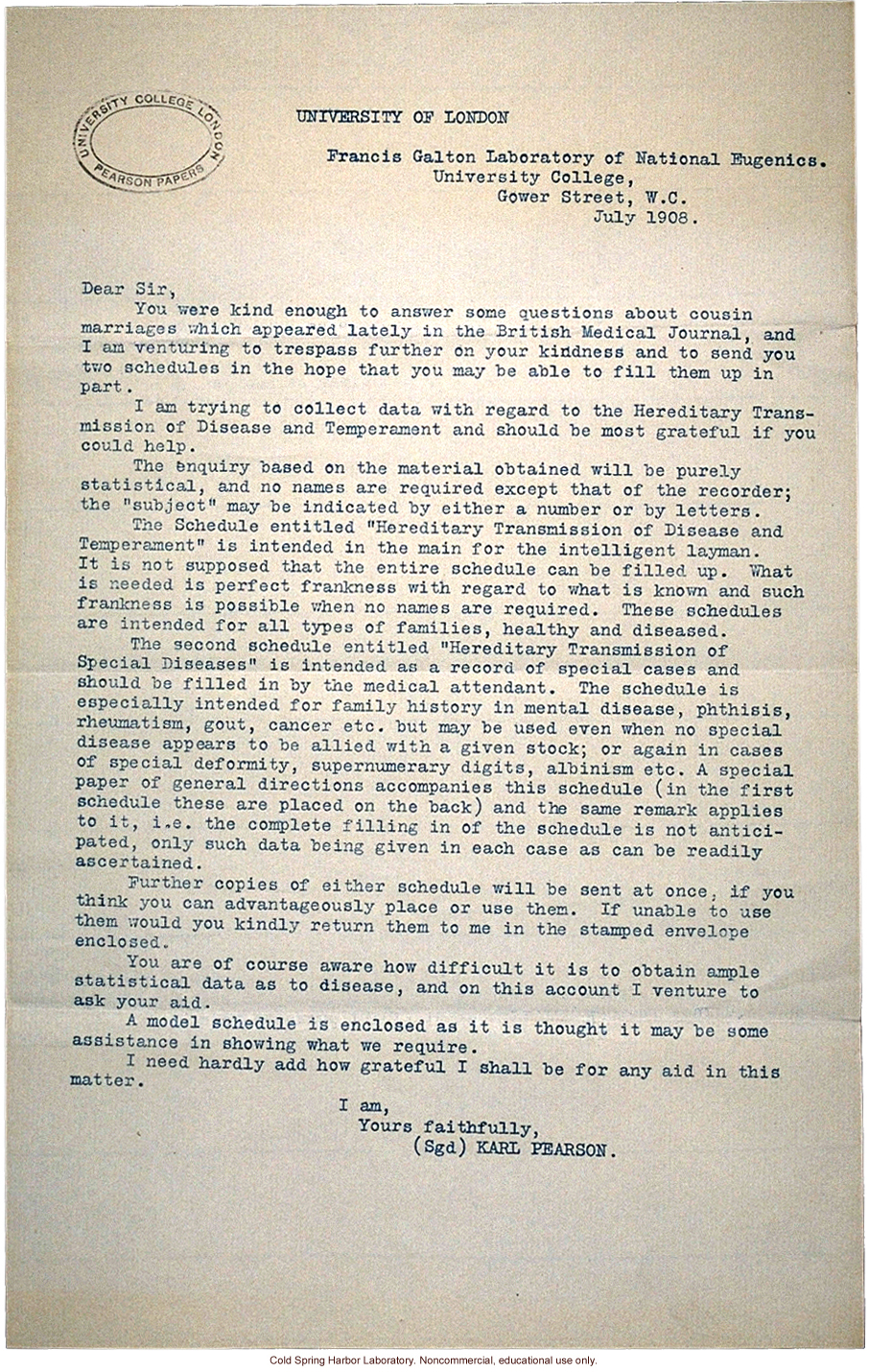 Karl Pearson cover letter for study on &quote;Hereditary Transmission of Disease and Temperment&quote; (version 2)