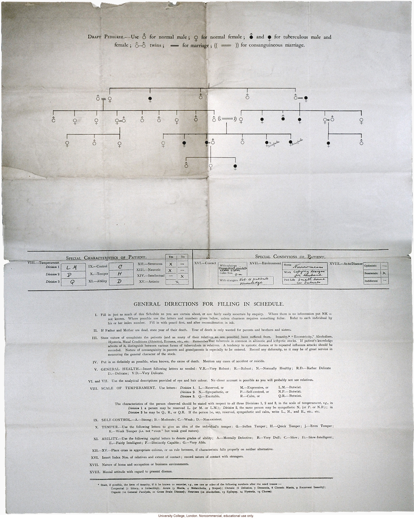 &quote;Schedule for the Hereditary Transmission of Special Diseases,&quote; completed for Karl Pearson study
