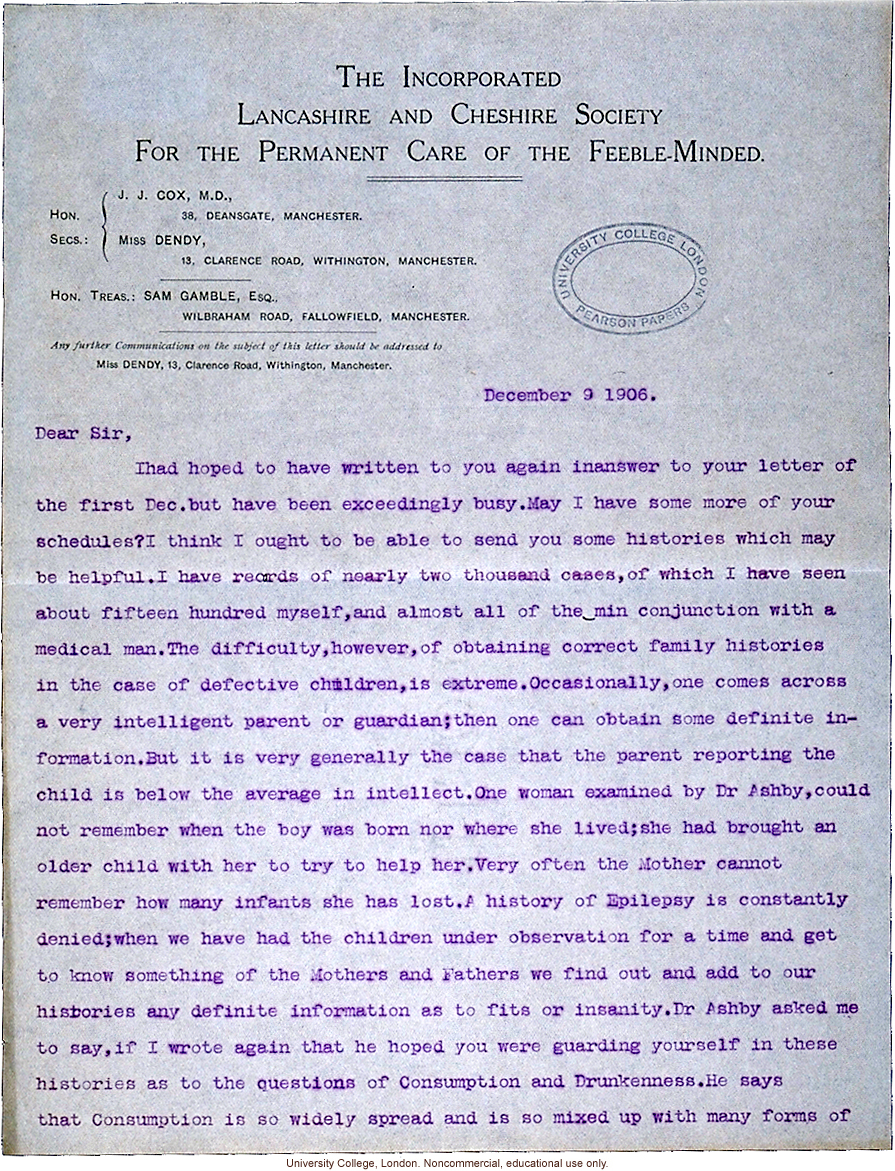 Mary Dendy letter to Karl Pearson, about difficulties in collecting pedigree data and interpreting disease traits in &quote;defective children&quote; (12/9/1906)