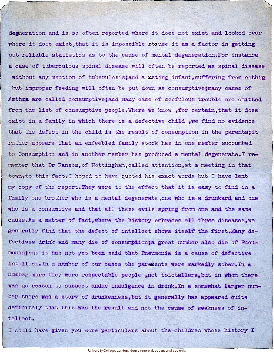 Mary Dendy letter to Karl Pearson, about difficulties in collecting pedigree data and interpreting disease traits in &quote;defective children&quote; (12/9/1906)