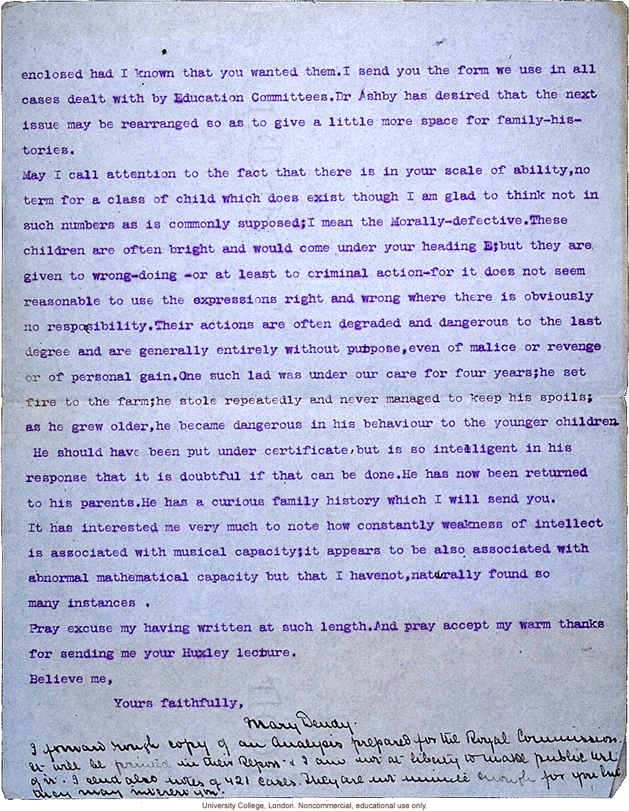 Mary Dendy letter to Karl Pearson, about difficulties in collecting pedigree data and interpreting disease traits in &quote;defective children&quote; (12/9/1906)