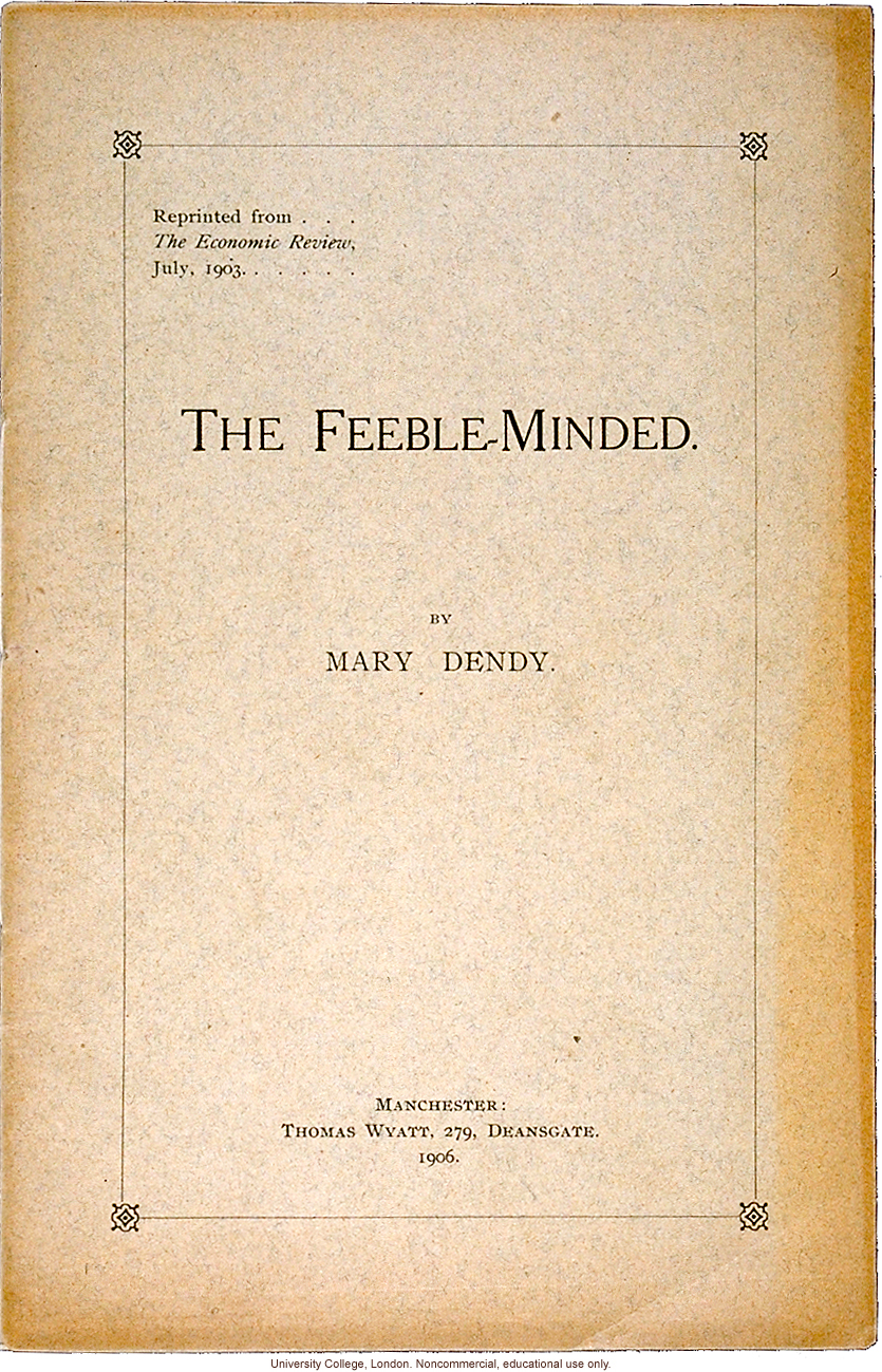 &quote;The Feeble Minded,&quote; by Mary Dendy, Economic Review (July 1903)