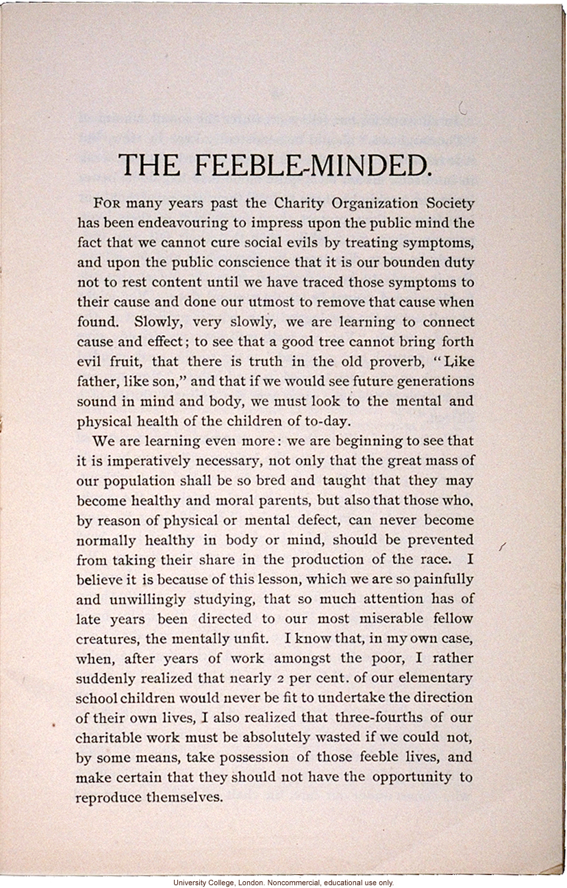 &quote;The Feeble Minded,&quote; by Mary Dendy, Economic Review (July 1903)