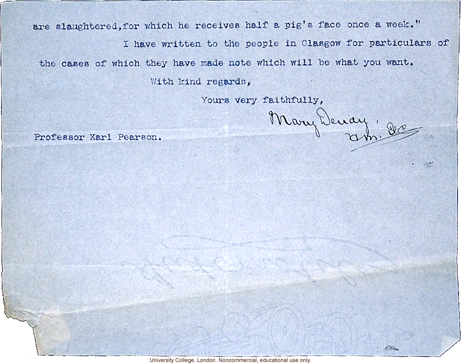 Mary Dendy letter to Karl Pearson, about case of &quote;Alfred D. aged 18 Feeble-minded&quote; whose only work is &quote;holding pigs whilst they are slaughtered&quote;