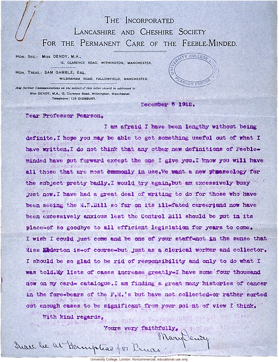 Mary Dendy letter to Karl Pearson, follow-up on definition of feeble-mindedness with reference to British eugenic legislation (12/5/1912)
