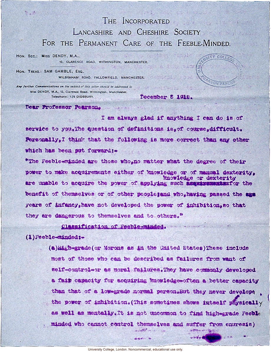 Mary Dendy letter to Karl Pearson, about definitions and confusing terms used to grade feeble-mindedness (12/5/1912)