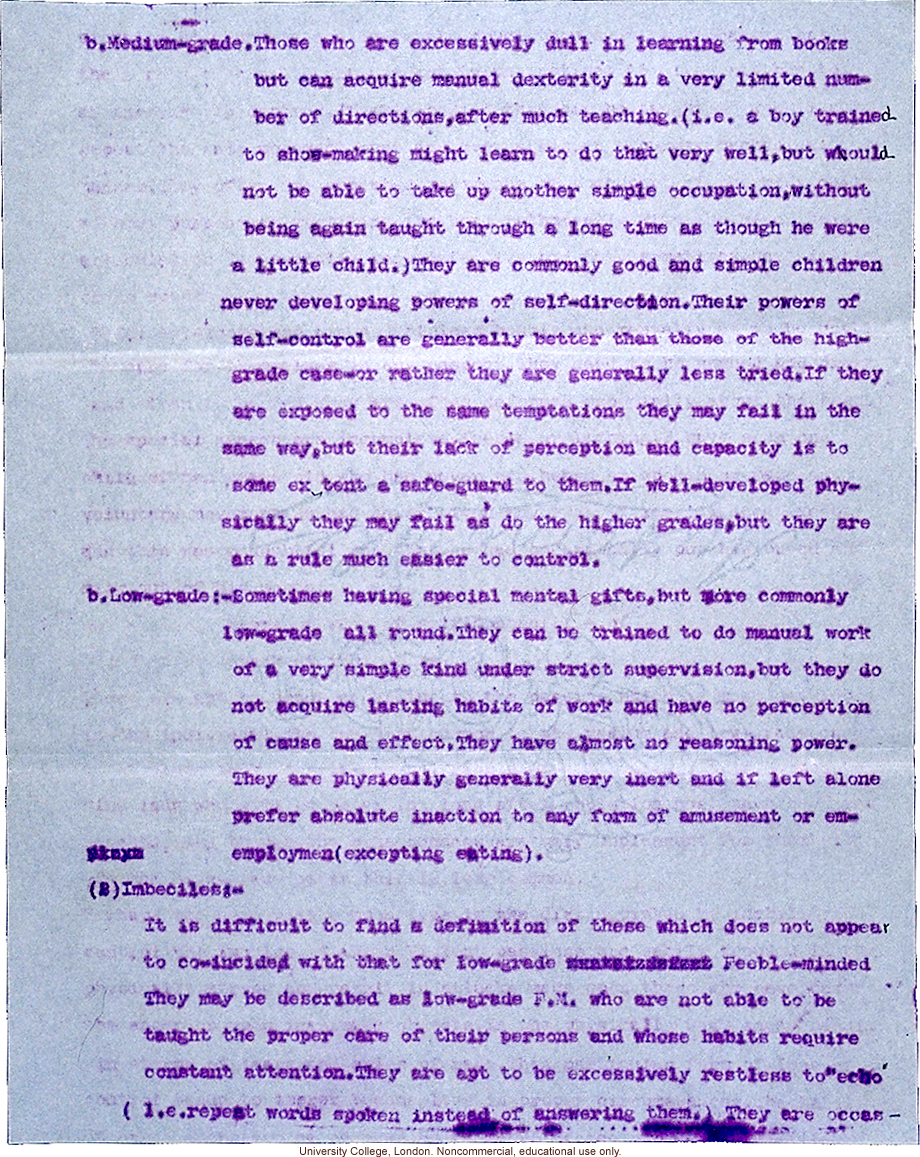 Mary Dendy letter to Karl Pearson, about definitions and confusing terms used to grade feeble-mindedness (12/5/1912)