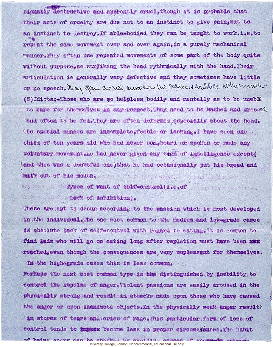 Mary Dendy letter to Karl Pearson, about definitions and confusing terms used to grade feeble-mindedness (12/5/1912)