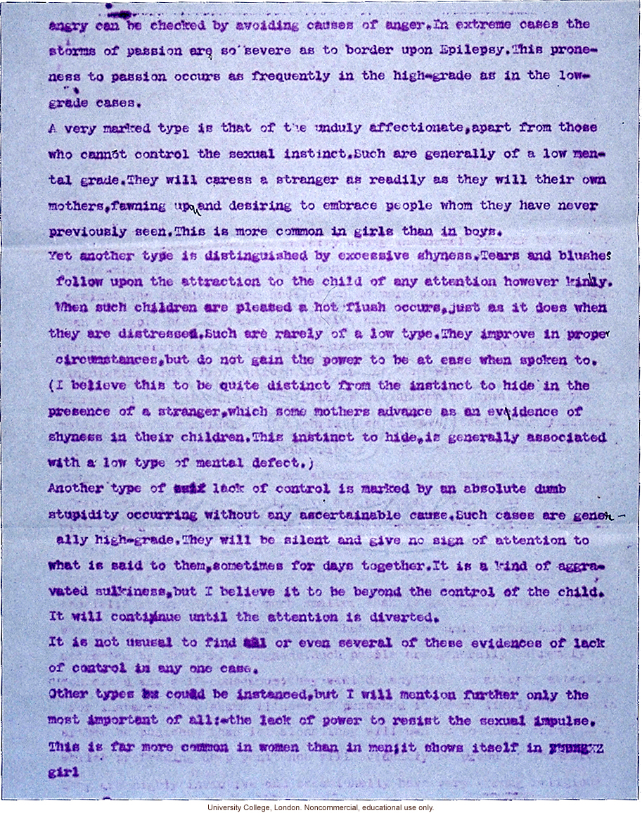 Mary Dendy letter to Karl Pearson, about definitions and confusing terms used to grade feeble-mindedness (12/5/1912)
