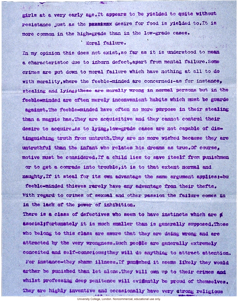 Mary Dendy letter to Karl Pearson, about definitions and confusing terms used to grade feeble-mindedness (12/5/1912)
