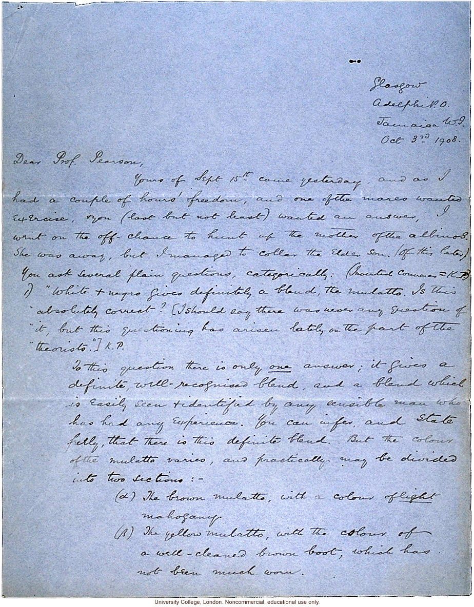 Isaac Costa letter to Karl Pearson, about race mixing in Jamaica with reference to mulatto &quote;just under your nose&quote; (10/3/1908)