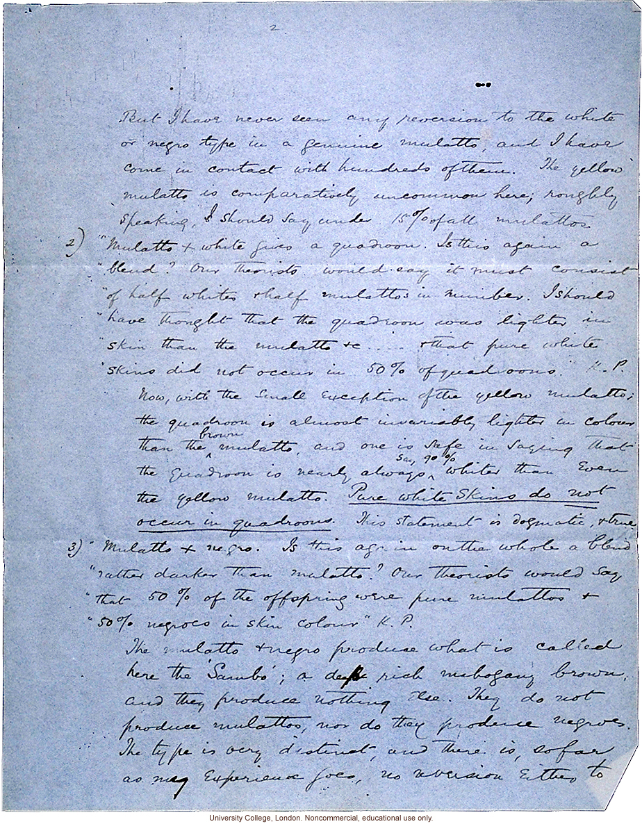 Isaac Costa letter to Karl Pearson, about race mixing in Jamaica with reference to mulatto &quote;just under your nose&quote; (10/3/1908)
