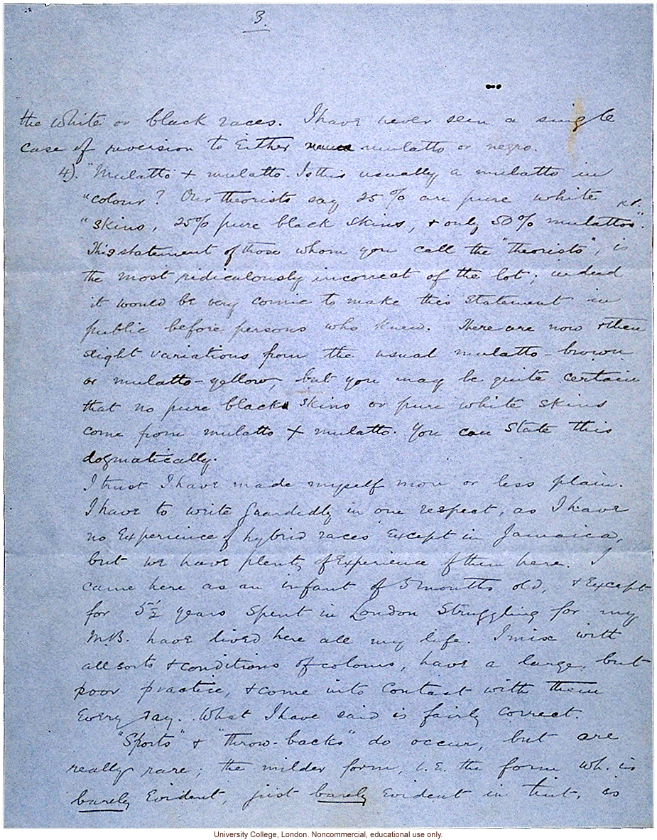 Isaac Costa letter to Karl Pearson, about race mixing in Jamaica with reference to mulatto &quote;just under your nose&quote; (10/3/1908)