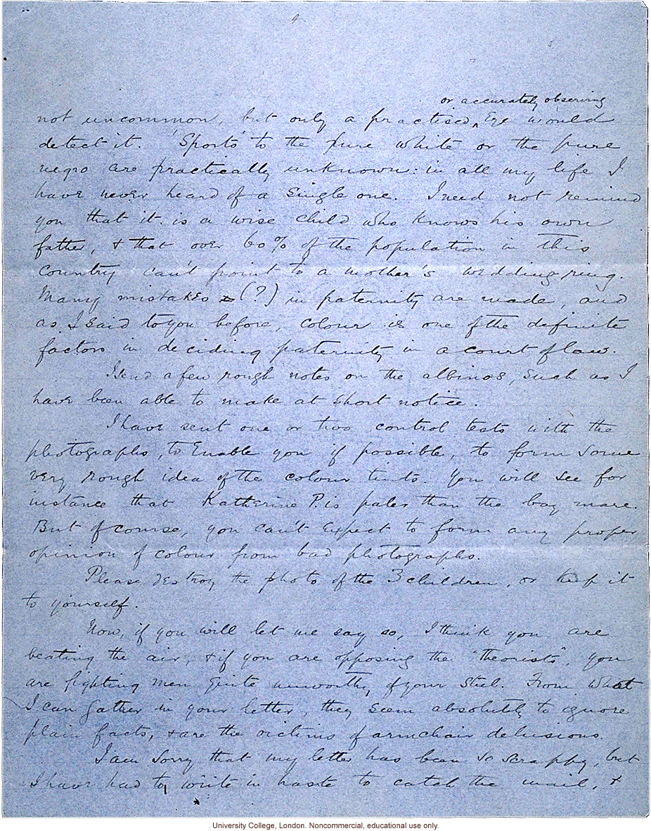 Isaac Costa letter to Karl Pearson, about race mixing in Jamaica with reference to mulatto &quote;just under your nose&quote; (10/3/1908)