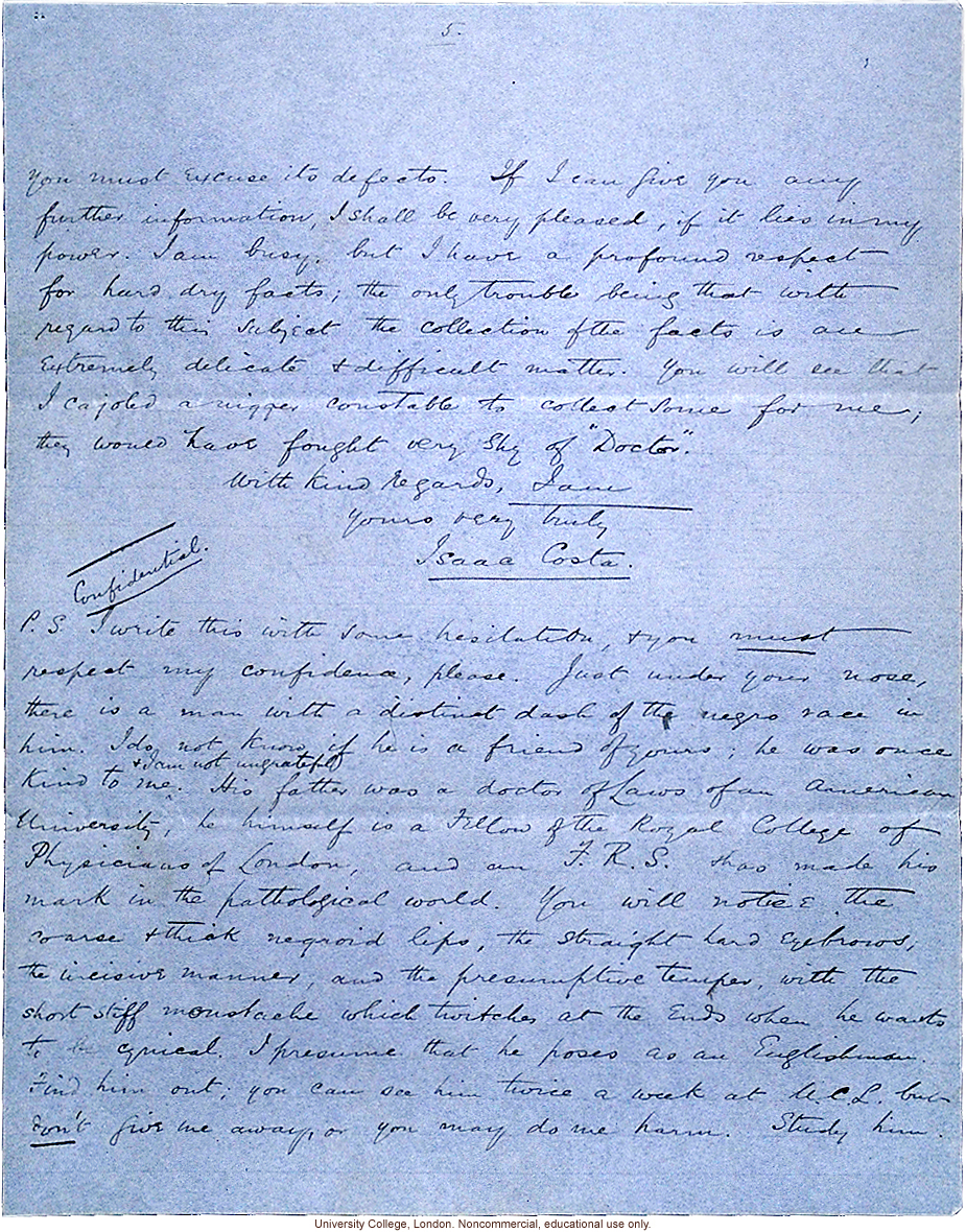 Isaac Costa letter to Karl Pearson, about race mixing in Jamaica with reference to mulatto &quote;just under your nose&quote; (10/3/1908)