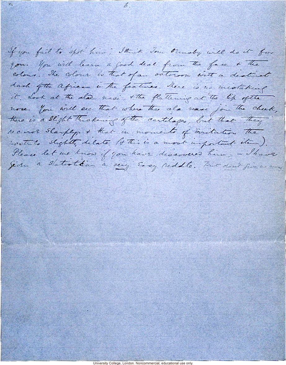 Isaac Costa letter to Karl Pearson, about race mixing in Jamaica with reference to mulatto &quote;just under your nose&quote; (10/3/1908)