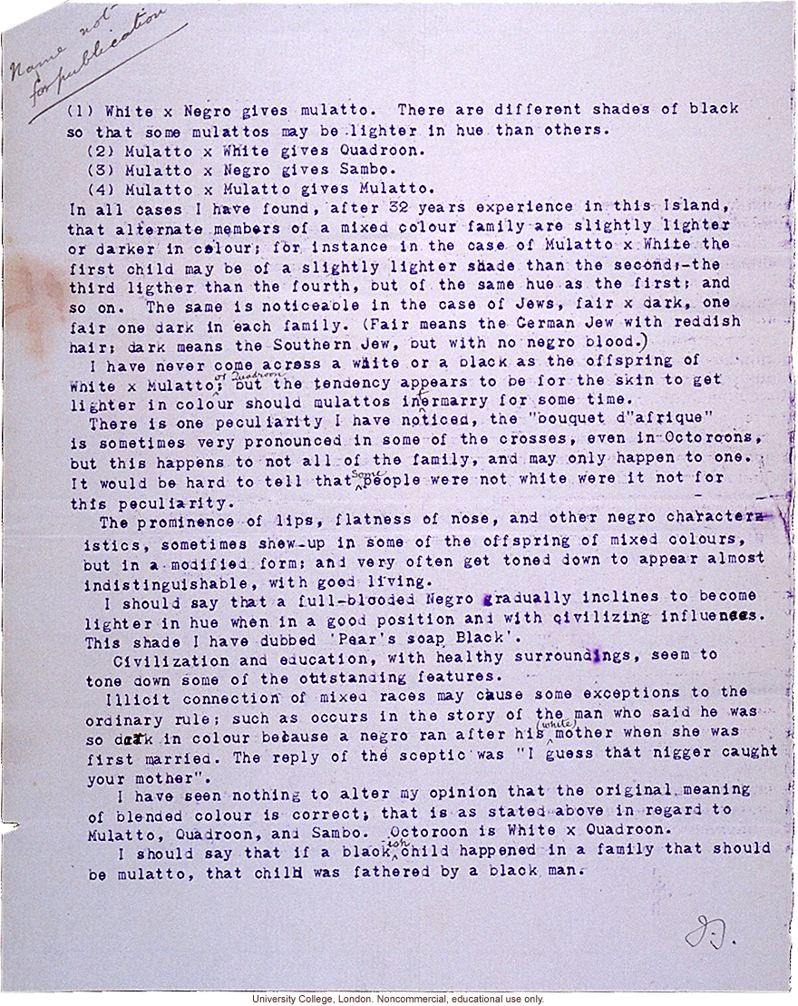 Issac Costa letter to Karl Pearson, with observations of race mixing in Jamaica provided his friend, &quote;a relative of Florence Nightingale&quote; (11/17/1908)