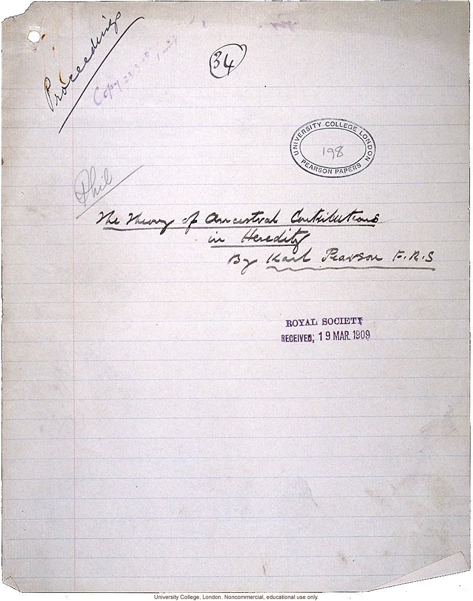 &quote;Theory of Ancestral Contributions in Heredity,&quote; handwritten manuscript by Karl Pearson, published in Proceedings of the Royal Society (vol. 81:547)