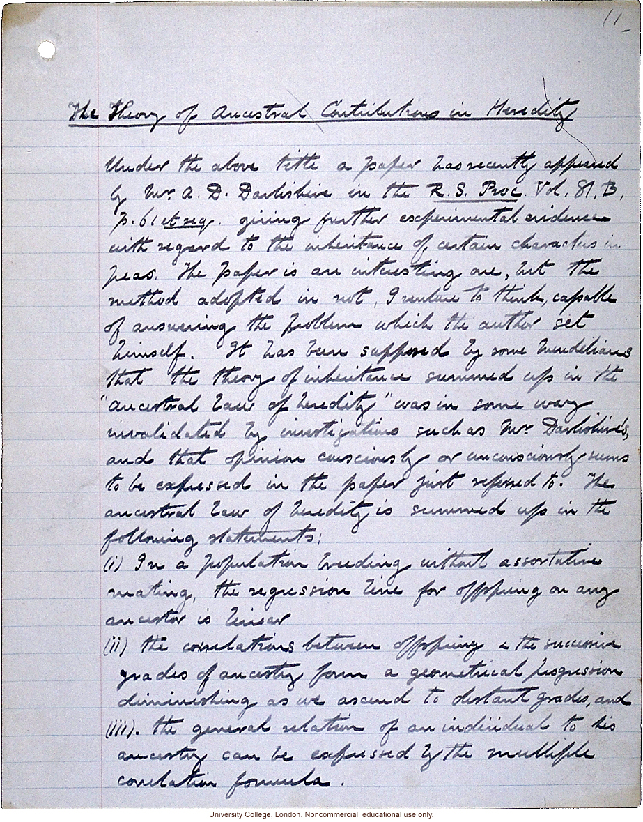 &quote;Theory of Ancestral Contributions in Heredity,&quote; handwritten manuscript by Karl Pearson, published in Proceedings of the Royal Society (vol. 81:547)