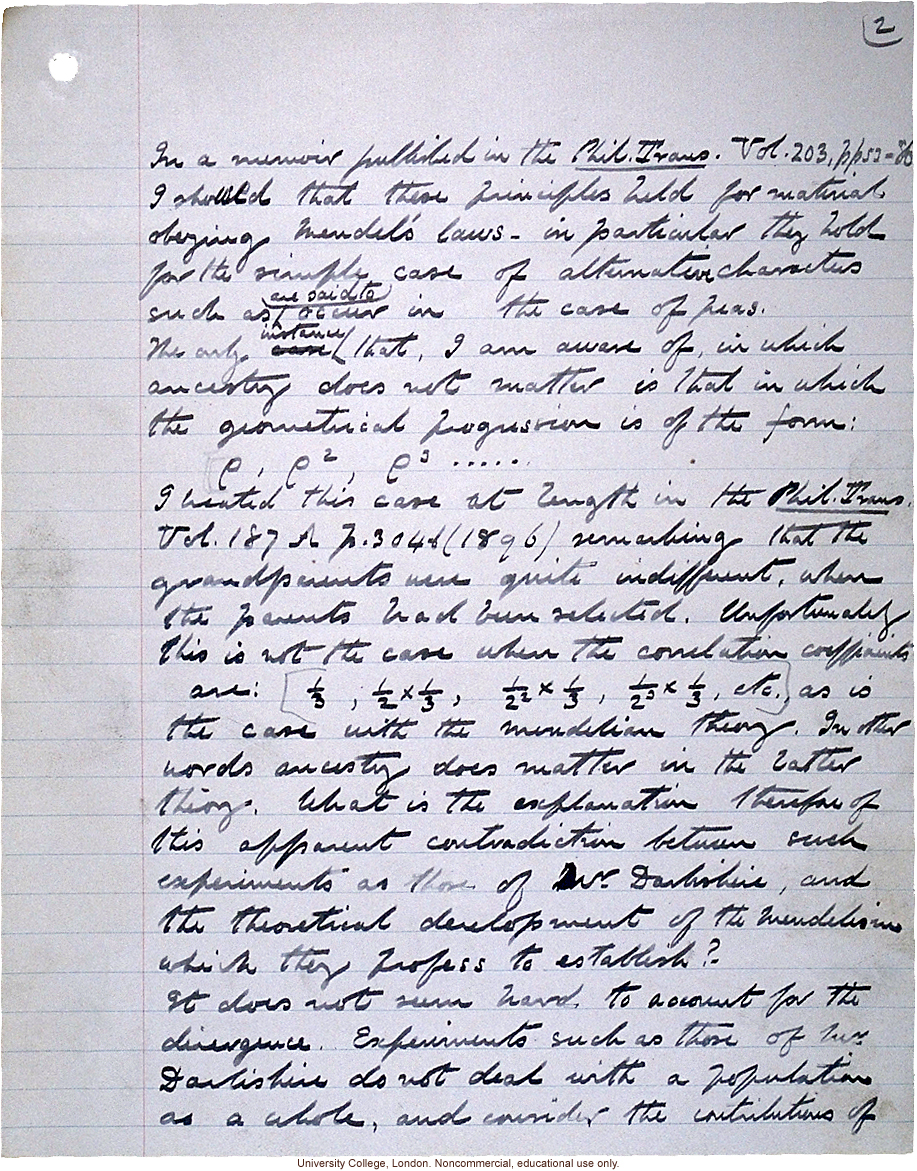 &quote;Theory of Ancestral Contributions in Heredity,&quote; handwritten manuscript by Karl Pearson, published in Proceedings of the Royal Society (vol. 81:547)