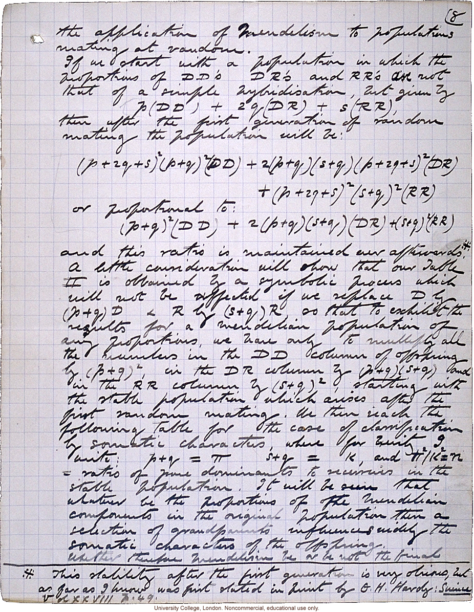 &quote;Theory of Ancestral Contributions in Heredity,&quote; handwritten manuscript by Karl Pearson, published in Proceedings of the Royal Society (vol. 81:547)