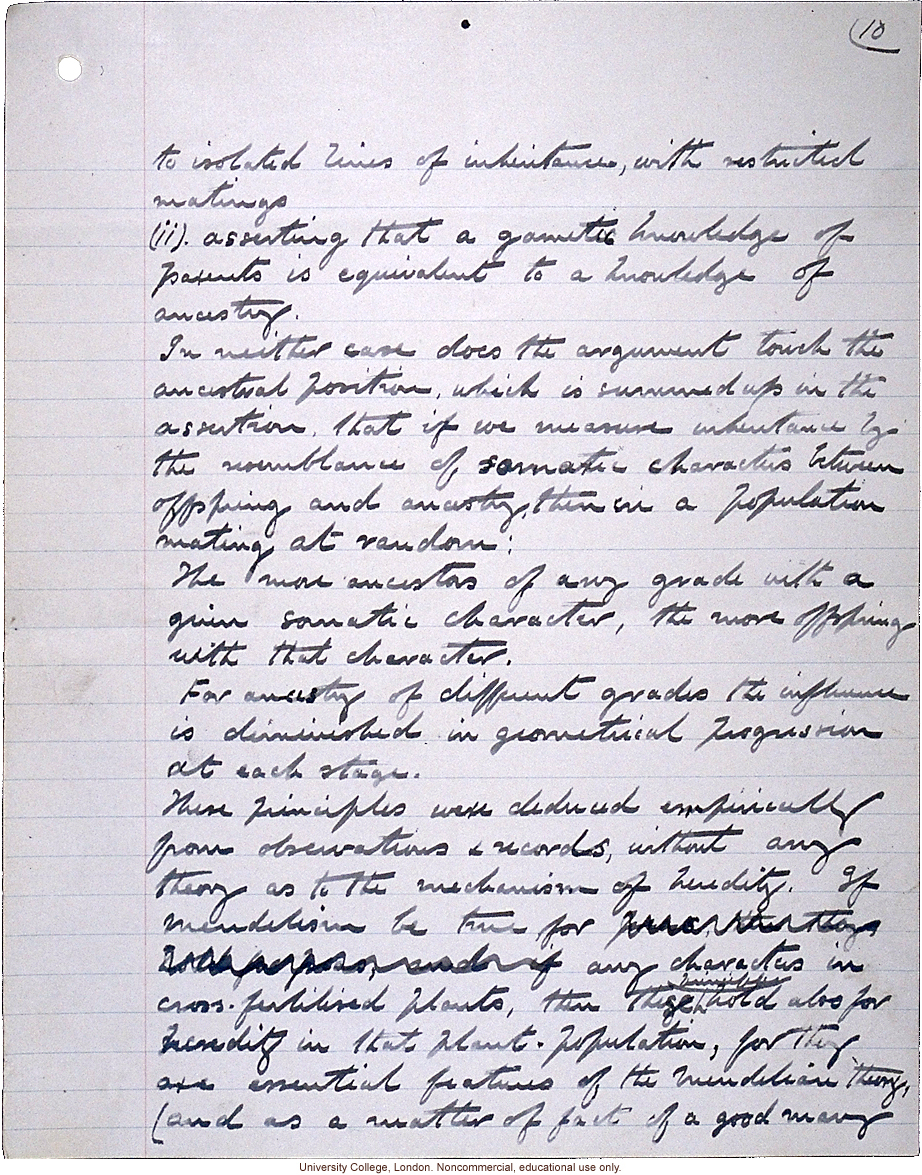 &quote;Theory of Ancestral Contributions in Heredity,&quote; handwritten manuscript by Karl Pearson, published in Proceedings of the Royal Society (vol. 81:547)